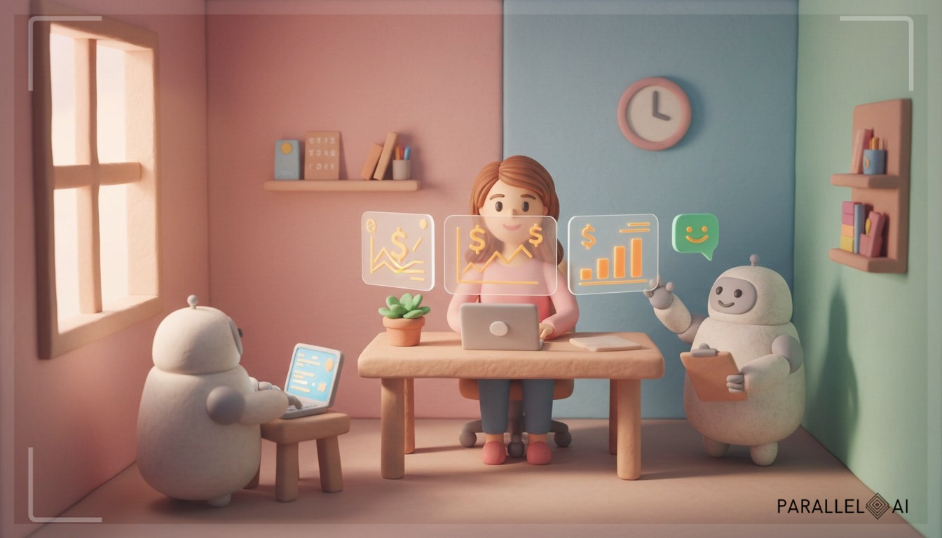 A warm and inviting claymation scene of a tiny startup office. A focused female founder sits at a desk, smiling at floating holographic screens with glowing charts and dollar signs. Around her, friendly, soft-shaped AI robot helpers (one with a clipboard, one typing on a laptop, one holding a phone with a chat bubble) assist her, symbolizing AI automation scaling the business. The room has pastel walls, a small plant, and a window with soft natural light. The atmosphere is cozy, gentle, and optimistic, blending technological innovation with a handcrafted feel. professional aesthetic of a modern AI platform, in AirBNB claymation style, soft pastel color palette with warm tones, gentle and playful textures, diffused natural lighting, balanced composition with centered focus, matte finish with handcrafted feel, warm inviting mood blending technological innovation with cozy charm --ar 16:9 --style raw --v 6 (with template: New Frame)