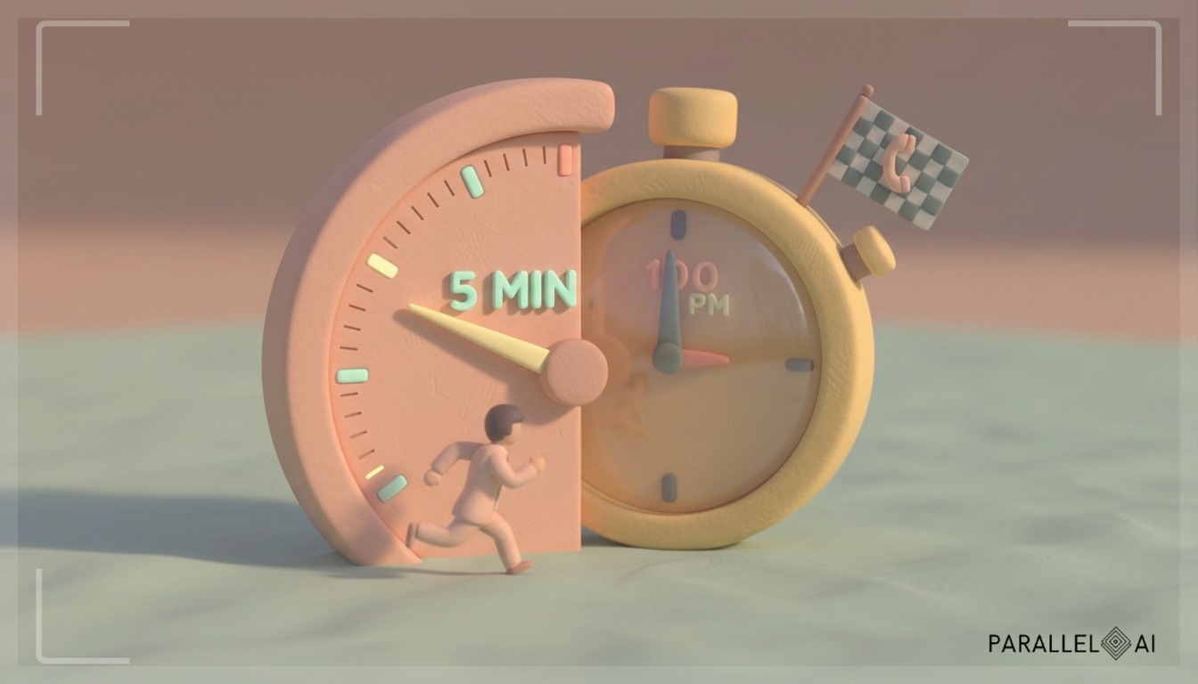 A close-up, macro-style claymation render of a handcrafted speedometer and a stopwatch merging into one object, symbolizing 'speed-to-lead'. The speedometer needle points to the '5 min' mark, highlighted with a soft, glowing aura. The stopwatch glass reflects a stylized, warm-tinted clock showing '10 PM'. The materials are soft, malleable clay with visible fingerprints and subtle textures. A tiny, clay figure of a business person is sprinting on the speedometer's rim, racing towards a finish line flag that is shaped like a ringing phone. The color palette is warm pastels: peach, soft yellow, and mint green, emphasizing urgency without aggression. professional aesthetic of a modern AI platform, in AirBNB claymation style, soft pastel color palette with warm tones, gentle and playful textures, diffused natural lighting, balanced composition with centered focus, matte finish with handcrafted feel, warm inviting mood blending technological innovation with cozy charm --ar 16:9 --style raw --v 6 (with template: New Frame)
