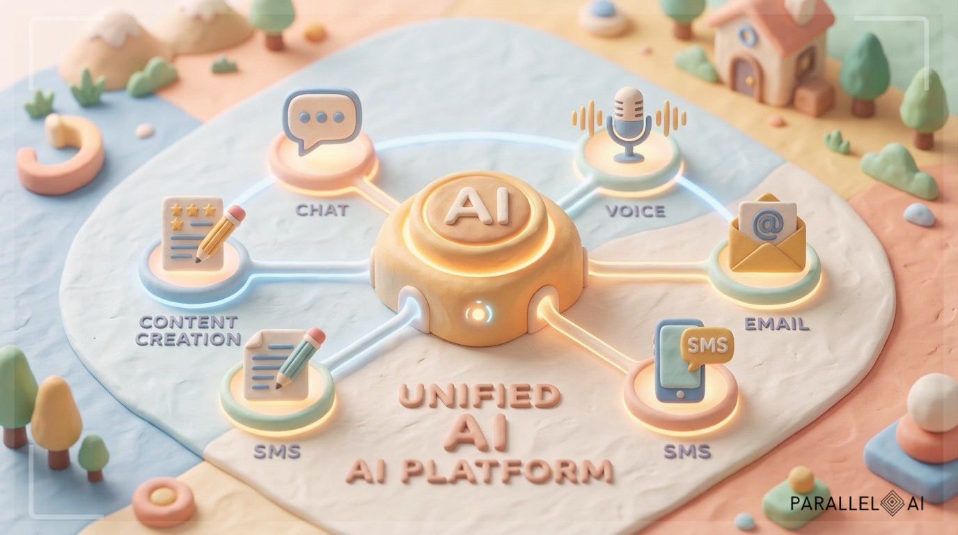 A serene, centralized isometric composition showing a single, unified AI hub glowing warmly. Radiating from this central core are interconnected, stylized icons for Chat, Voice, Email, SMS, and Content Creation, replacing a chaotic tangle of separate tools. The scene has a handcrafted claymation feel with soft pastel colors, warm inviting tones, and gentle textures, eliminating fragmentation and creating a seamless, balanced ecosystem. Diffused natural lighting, matte finish, cozy and innovative mood, evoking a modern AI platform. professional aesthetic of a modern AI platform, in AirBNB claymation style, soft pastel color palette with warm tones, gentle and playful textures, diffused natural lighting, balanced composition with centered focus, matte finish with handcrafted feel, warm inviting mood blending technological innovation with cozy charm --ar 16:9 --style raw --v 6 (with template: New Frame)