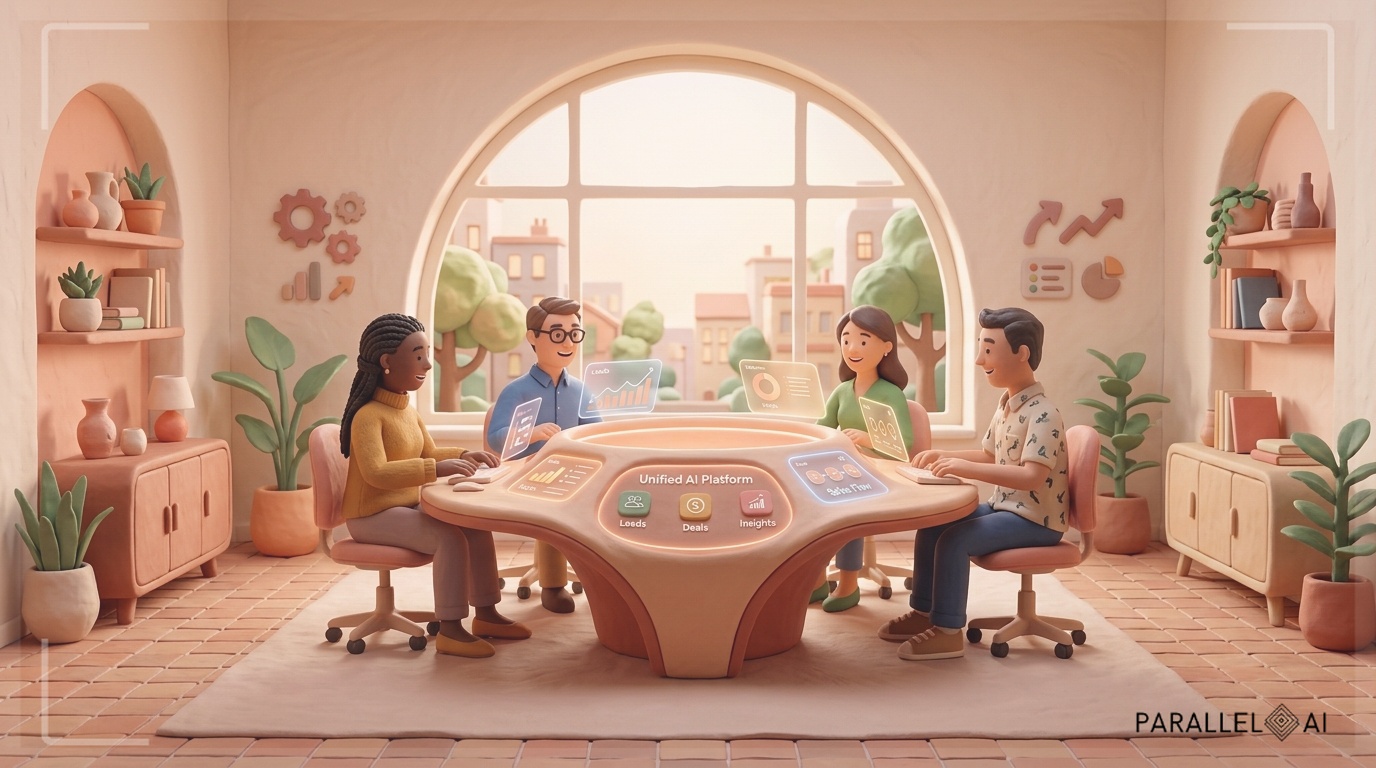 Wide shot of a whimsical, modern office space representing a unified AI sales automation platform. Instead of a maze of disconnected tools and spreadsheet-filled screens, the room is dominated by a single, elegant, sculptural interface hub made of soft, warm-colored clay. A small, focused team of diverse individuals collaborates calmly around it, their postures relaxed, while gentle, ambient light streams through a large window. The scene replaces the chaos of tool sprawl with harmonious consolidation, embodying a single platform that replaces a patchwork of solutions. professional aesthetic of a modern AI platform, in AirBNB claymation style, soft pastel color palette with warm tones, gentle and playful textures, diffused natural lighting, balanced composition with centered focus, matte finish with handcrafted feel, warm inviting mood blending technological innovation with cozy charm professional aesthetic of a modern AI platform, in AirBNB claymation style, soft pastel color palette with warm tones, gentle and playful textures, diffused natural lighting, balanced composition with centered focus, matte finish with handcrafted feel, warm inviting mood blending technological innovation with cozy charm --ar 16:9 --style raw --v 6 (with template: New Frame)
