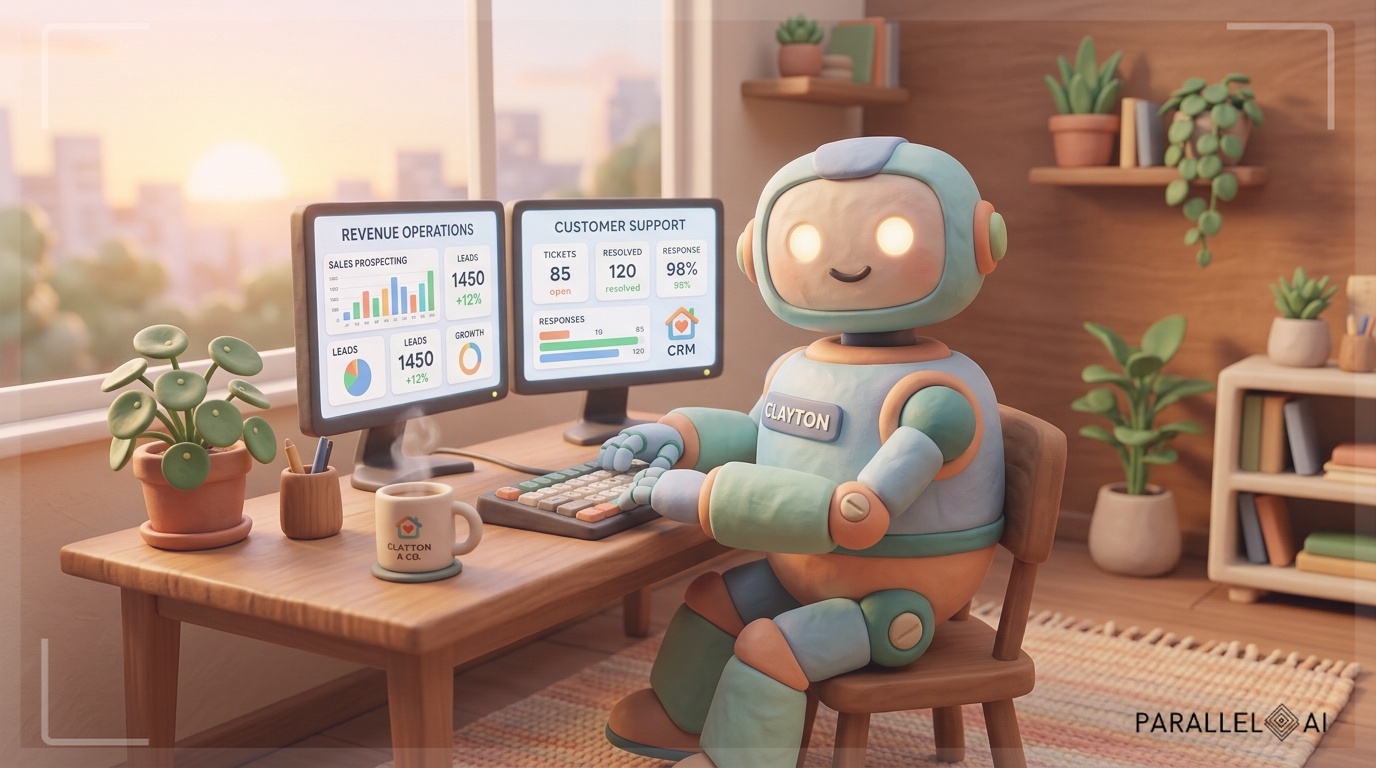 A cozy, modern office scene with a friendly, claymation-style AI robot employee sitting at a wooden desk. The robot has a soft, pastel-colored body with gentle textures, glowing but warm LED eyes, and handcrafted clay-like details. On the desk, two monitors display colorful dashboards with charts representing revenue operations—sales prospecting, content production, and customer support tickets. A miniature clay CRM icon sits on one screen, and a steaming mug of coffee with a tiny brand logo rests beside the keyboard. Potted plants with rounded leaves, a soft warm rug, and a window showing a gentle sunrise complete the setting. The composition is centered, with balanced elements and diffused natural lighting. The overall mood is inviting and warm, blending futuristic technology with a handcrafted, cozy charm. professional aesthetic of a modern AI platform, in AirBNB claymation style, soft pastel color palette with warm tones, gentle and playful textures, diffused natural lighting, balanced composition with centered focus, matte finish with handcrafted feel, warm inviting mood blending technological innovation with cozy charm --ar 16:9 --style raw --v 6 (with template: New Frame)