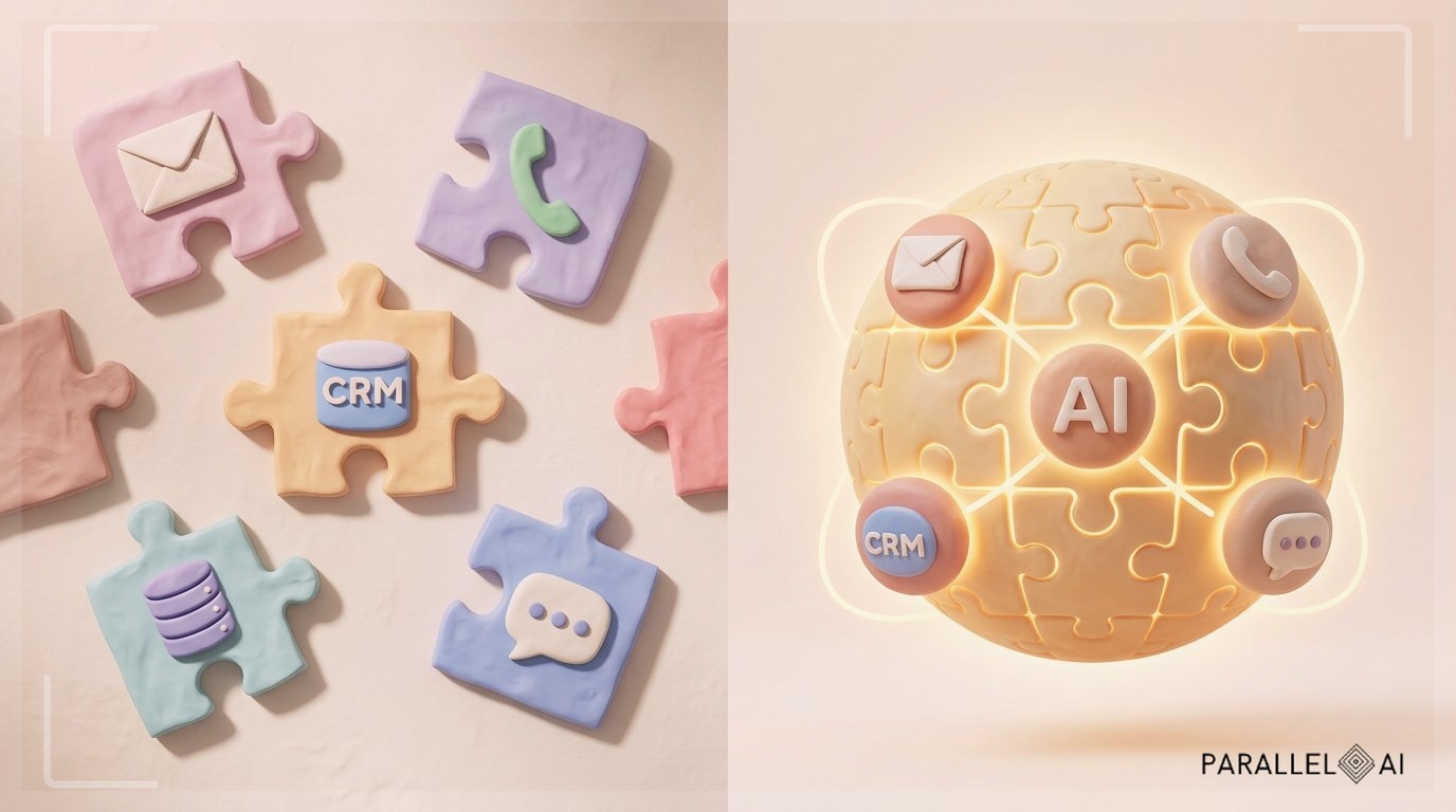 A split composition illustrating the shift from fragmented best-of-breed tools to a unified AI revenue platform. On the left, several misshapen, pastel-colored clay-like puzzle pieces represent individual sales tools (an email envelope, a phone handset, a CRM database icon, a chatbot speech bubble). They are scattered haphazardly with jagged, unconnected edges, evoking chaos and inefficiency. Soft shadows emphasize their isolation. On the right, a central, glowing spherical AI hub formed by perfectly interlocking puzzle pieces radiates warm golden light. The same sales tool icons are now smooth, refined orbs seamlessly integrated into the hub, connected by gentle curved lines of light. The background is a soft gradient of warm cream and peach, with diffused natural lighting. The composition is balanced, with a centered focus on the dividing line. professional aesthetic of a modern AI platform, in AirBNB claymation style, soft pastel color palette with warm tones, gentle and playful textures, diffused natural lighting, balanced composition with centered focus, matte finish with handcrafted feel, warm inviting mood blending technological innovation with cozy charm --ar 16:9 --style raw --v 6 (with template: New Frame)