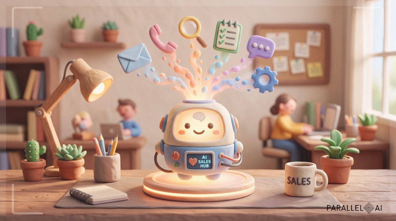 A charming claymation scene illustrating an AI-powered outbound sales hub. At the center, a glowing, rounded platform with a friendly, smiling robot core consolidates multiple floating icons: an envelope, a phone, a magnifying glass, a list pad, a chat bubble, and a gear. These individual tools dissolve into soft pastel particles as they merge into the central hub. Warm, diffused natural lighting from above creates gentle shadows on a matte, handcrafted desk surface. The composition is balanced and centered, with playful textures and cozy, inviting mood. Professional aesthetic of a modern AI platform, in AirBNB claymation style, soft pastel color palette with warm tones, gentle and playful textures, diffused natural lighting, balanced composition with centered focus, matte finish with handcrafted feel, warm inviting mood blending technological innovation with cozy charm --ar 16:9 --style raw --v 6 professional aesthetic of a modern AI platform, in AirBNB claymation style, soft pastel color palette with warm tones, gentle and playful textures, diffused natural lighting, balanced composition with centered focus, matte finish with handcrafted feel, warm inviting mood blending technological innovation with cozy charm --ar 16:9 --style raw --v 6 (with template: New Frame)