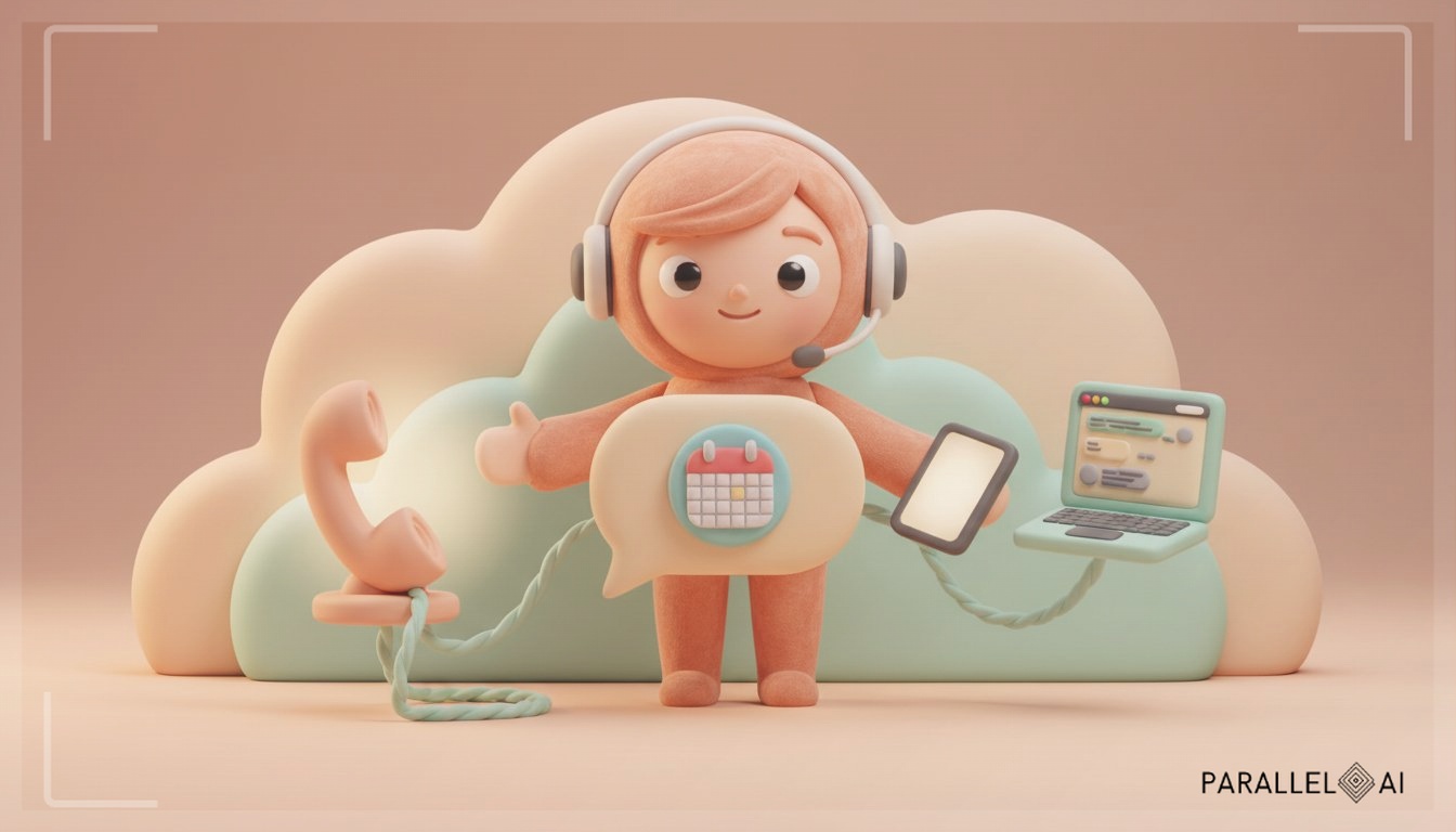 A charming claymation scene depicting a friendly, soft-textured AI receptionist character working across multiple communication channels. On the left, a warm pastel phone with a gentle glow, in the center a chat bubble with a tiny calendar icon showing a scheduled meeting, and on the right a laptop displaying a web chat. The AI character has a welcoming smile, holding a headset and a tablet. The entire scene is bathed in diffused natural lighting, with a centered balanced composition. Soft pastel color palette with peach, mint, and buttercream tones. Professional aesthetic of a modern AI platform, in AirBNB claymation style, soft pastel color palette with warm tones, gentle and playful textures, diffused natural lighting, balanced composition with centered focus, matte finish with handcrafted feel, warm inviting mood blending technological innovation with cozy charm --ar 16:9 --style raw --v 6 professional aesthetic of a modern AI platform, in AirBNB claymation style, soft pastel color palette with warm tones, gentle and playful textures, diffused natural lighting, balanced composition with centered focus, matte finish with handcrafted feel, warm inviting mood blending technological innovation with cozy charm --ar 16:9 --style raw --v 6 (with template: New Frame)