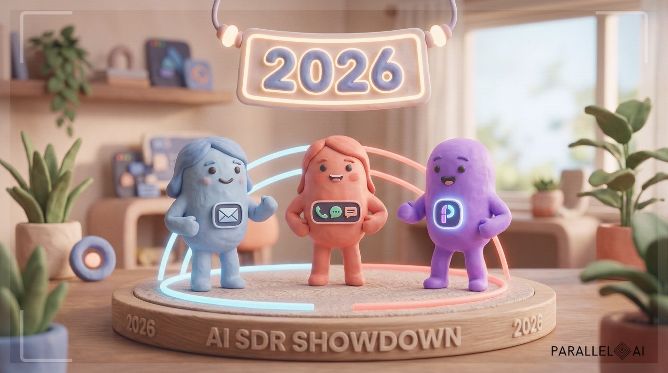 Three friendly AI SDR avatars in a playful showdown, center composition. Alice (soft blue tones, sleek email icon), Ava (warm coral, multi-channel badge), and a generic bright purple AI for Parallel AI, all depicted as cute claymation characters with gentle textures. They stand on a circular podium with soft neon arcs connecting them, warm diffused lighting, matte finish, handcrafted feel, representing a competition but united by a glowing "2026" banner above. professional aesthetic of a modern AI platform, in AirBNB claymation style, soft pastel color palette with warm tones, gentle and playful textures, diffused natural lighting, balanced composition with centered focus, matte finish with handcrafted feel, warm inviting mood blending technological innovation with cozy charm --ar 16:9 --style raw --v 6 (with template: New Frame)