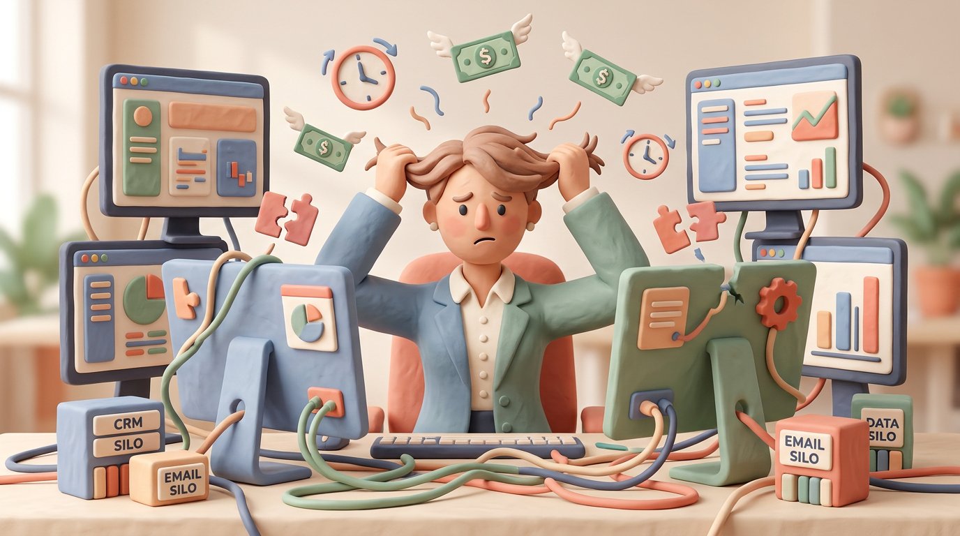 A chaotic, modern digital illustration of a B2B sales representative struggling at an overcrowded desk. Multiple monitors display disjointed sales tool interfaces, tangled cables spread like vines, and floating dollar bills and clock icons represent wasted money and time. The rep is pulling hair in frustration, surrounded by visible data silos and broken integration symbols. Lighting is dramatic and high-contrast, with corporate blues and grays dominating the palette. The overall mood conveys the hidden operational tax of fragmented tools, with a grungy, oppressive atmosphere.. Style: professional aesthetic of a modern AI platform, in AirBNB claymation style, soft pastel color palette with warm tones, gentle and playful textures, diffused natural lighting, balanced composition with centered focus, matte finish with handcrafted feel, warm inviting mood blending technological innovation with cozy charm --ar 16:9 --style raw --v 6