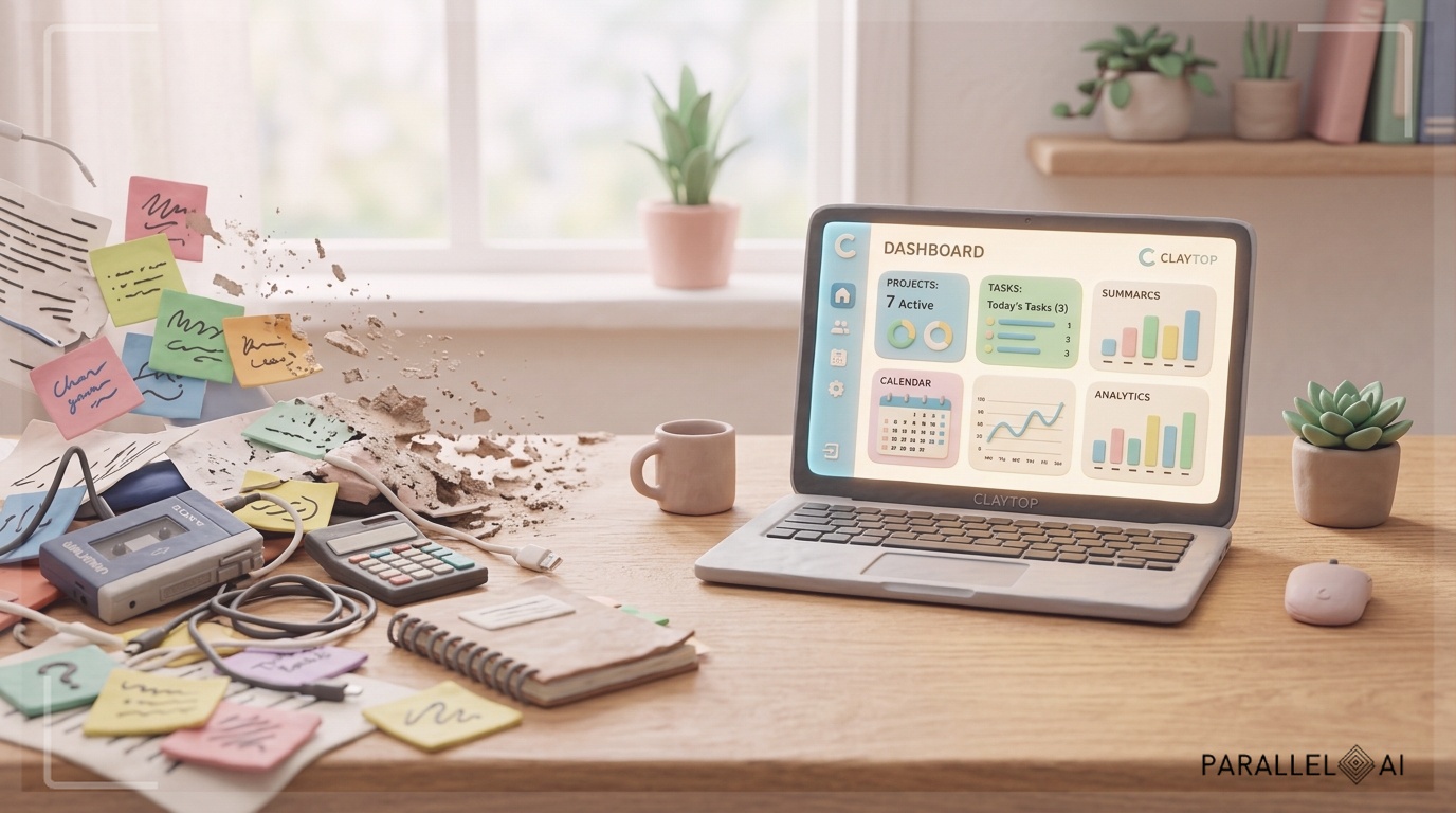 A wide, horizontal composition showing a chaotic desk scene transforming into a calm, unified digital workspace. In the foreground, a jumbled pile of scattered papers, sticky notes, and old-school gadgets is fading away like dissolving clay. The focus transitions to a single, beautifully crafted laptop on a clean wooden desk, displaying a glowing, minimalist dashboard interface. The screen's light is warm and inviting. professional aesthetic of a modern AI platform, in AirBNB claymation style, soft pastel color palette with warm tones, gentle and playful textures, diffused natural lighting, balanced composition with centered focus, matte finish with handcrafted feel, warm inviting mood blending technological innovation with cozy charm --ar 16:9 --style raw --v 6 (with template: New Frame)