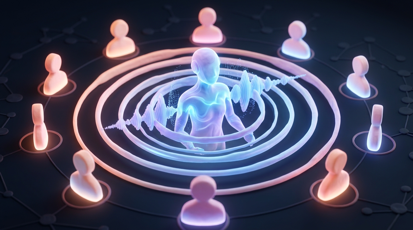 A futuristic digital illustration symbolizing AI-powered cold calling. A luminous, semi-transparent humanoid AI voice agent made of flowing sound waves and data particles is centered, its 'voice' visualized as concentric energy rings reaching out to multiple abstract prospect silhouettes arranged in a circular pattern. The scene glows with electric blue and soft violet gradients, set against a deep, dark tech background with subtle node connections. The composition conveys scale, efficiency, and conversational fluidity. Ultra-clean, modern aesthetic with smooth gradients, soft glows, and a cinematic depth of field. No text.. Style: professional aesthetic of a modern AI platform, in AirBNB claymation style, soft pastel color palette with warm tones, gentle and playful textures, diffused natural lighting, balanced composition with centered focus, matte finish with handcrafted feel, warm inviting mood blending technological innovation with cozy charm --ar 16:9 --style raw --v 6