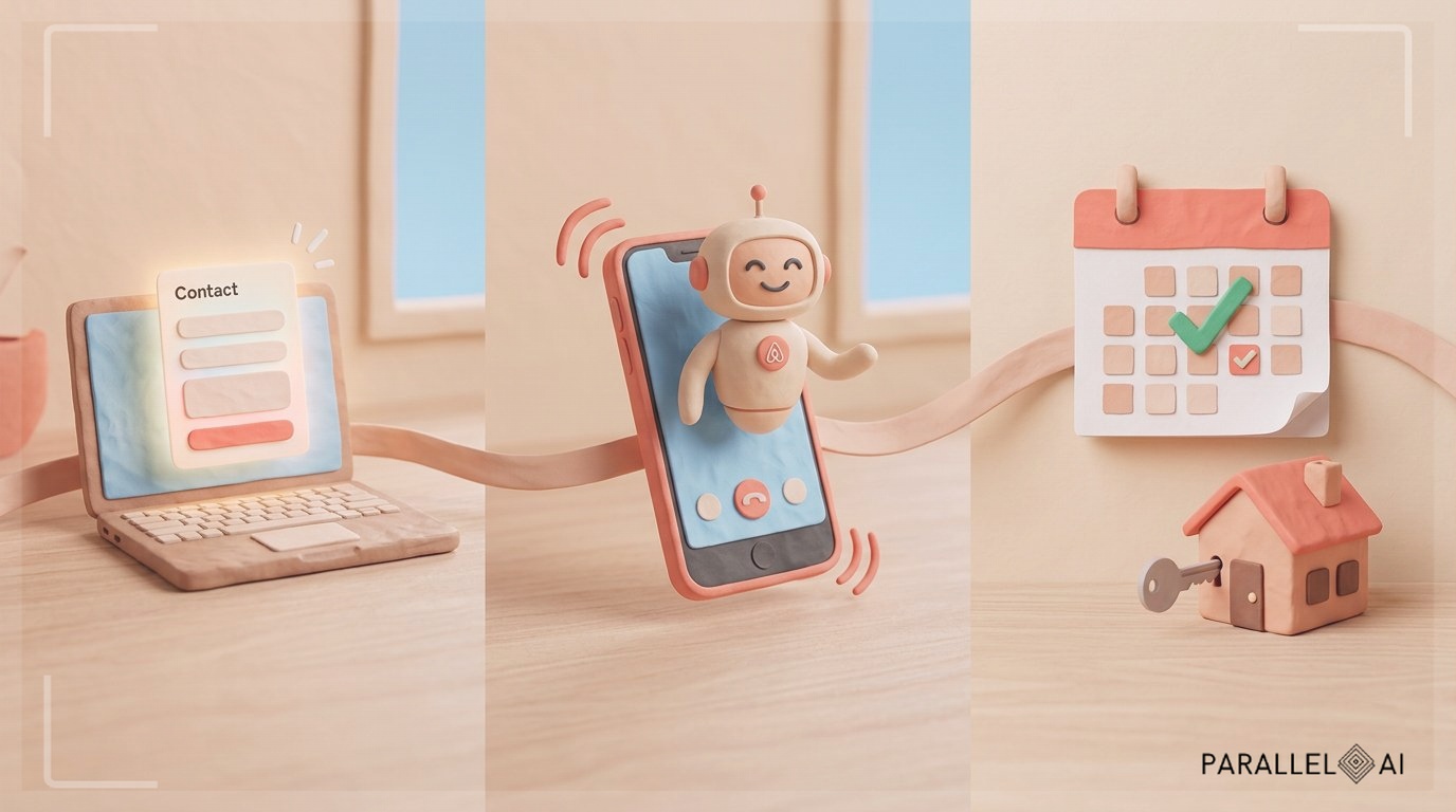 An illustrative claymation sequence showing the real estate AI automation journey in three smooth connected vignettes: a glowing contact form on a laptop morphing into a ringing smartphone with a smiling clay AI agent, then a calendar with a green checkmark and a miniature house being unlocked. The scene uses AirBNB claymation style with a soft pastel palette of warm beige, coral, and sky blue. Gentle textures like rolled clay, paper cutouts, and subtle wood grain. Diffused natural light illuminates the seamless flow from lead capture to showing booked. A balanced composition focuses on the central transformation, with minimal props to keep the look clean and professional. The overall mood is warm, innovative, and reassuring, blending tech efficiency with a handcrafted cozy aesthetic. professional aesthetic of a modern AI platform, in AirBNB claymation style, soft pastel color palette with warm tones, gentle and playful textures, diffused natural lighting, balanced composition with centered focus, matte finish with handcrafted feel, warm inviting mood blending technological innovation with cozy charm --ar 16:9 --style raw --v 6 (with template: New Frame)