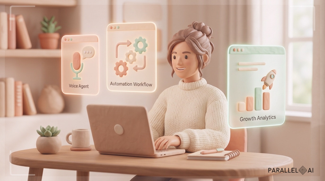 A modern entrepreneur working confidently at a clean desk with floating holographic AI interface elements around them, soft clay-textured 3D rendering style with smooth rounded shapes, warm pastel color palette dominated by soft peach and cream tones with mint green accents, the AI interfaces show simplified icons for voice agents and automation workflows in a playful minimalist style, gentle diffused lighting from the side creating soft shadows, shallow depth of field with the entrepreneur in sharp focus and background softly blurred, cozy home office environment with natural textures, handcrafted clay aesthetic with matte finish, mood of empowerment and accessibility, composition places subject slightly off-center with AI elements floating harmoniously around them, professional yet approachable atmosphere blending technological sophistication with human warmth --ar 16:9 --style raw --v 6 professional aesthetic of a modern AI platform, in AirBNB claymation style, soft pastel color palette with warm tones, gentle and playful textures, diffused natural lighting, balanced composition with centered focus, matte finish with handcrafted feel, warm inviting mood blending technological innovation with cozy charm --ar 16:9 --style raw --v 6 (with template: New Frame)