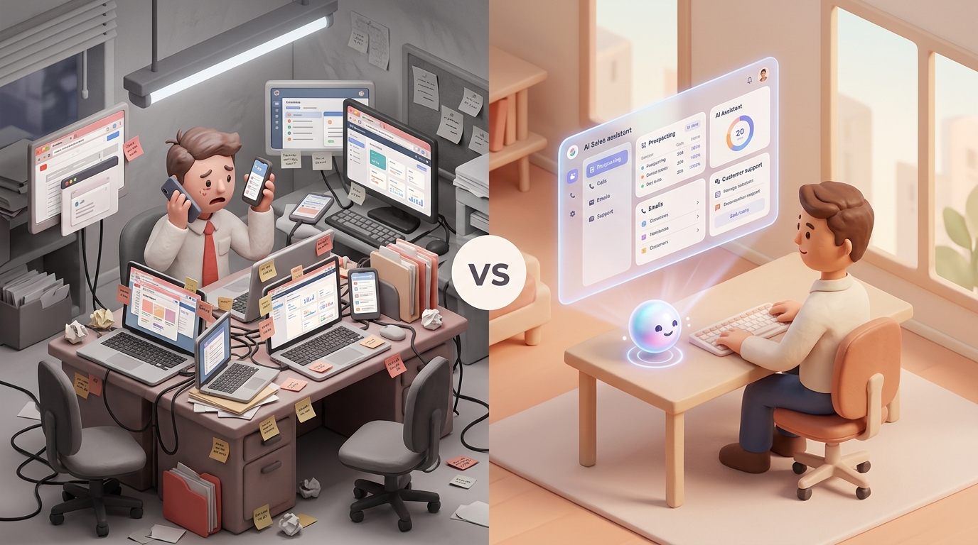 Split-screen illustration contrasting chaotic sales tool sprawl versus streamlined AI sales assistant workflow. Left side: a cluttered desk with multiple browser tabs, disconnected apps, sticky notes, and tangled cables, rendered in muted, desaturated grays and anxious reds. Right side: a clean, minimalist workspace with a single glowing holographic interface where a salesperson calmly interacts with a pulsing AI assistant, managing prospecting, calls, emails, and support in one place. The AI assistant appears as a friendly, translucent orb projecting organized data. Lighting transitions from harsh fluorescent on left to warm, balanced ambient on right. Style is modern corporate illustration with a touch of isometric depth, 16:9 aspect ratio.. Style: professional aesthetic of a modern AI platform, in AirBNB claymation style, soft pastel color palette with warm tones, gentle and playful textures, diffused natural lighting, balanced composition with centered focus, matte finish with handcrafted feel, warm inviting mood blending technological innovation with cozy charm --ar 16:9 --style raw --v 6
