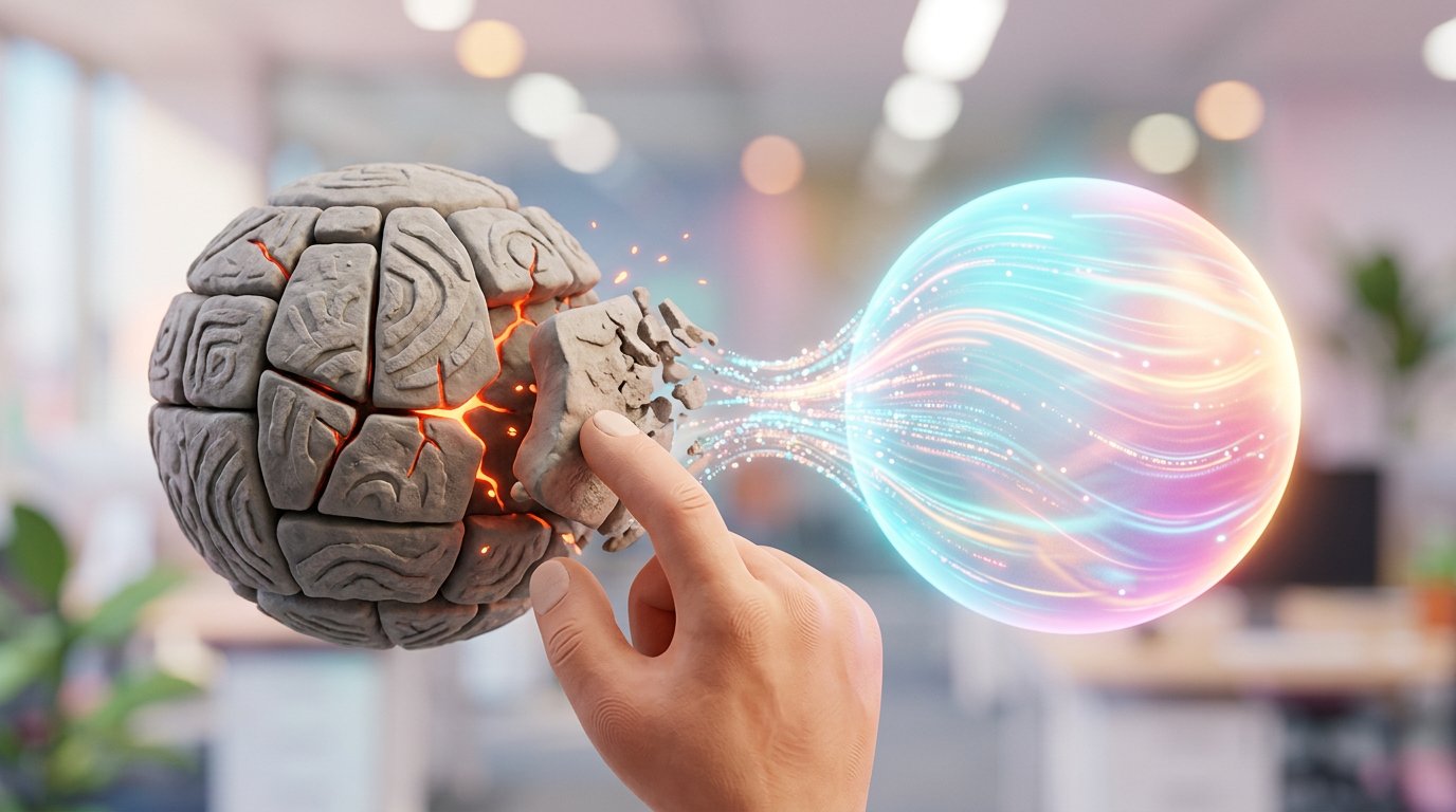 A powerful conceptual close-up photograph of a single, ancient, elaborately segmented stone puzzle sphere resisting integration, with visible glowing cracks and sparks where the pieces don't quite fit. Adjacent to it, a smooth, luminous, modern sphere made of pure light and flowing data streams represents the unified AI platform. A business professional's hand gently nudges the old sphere, causing one segment to morph into light and flow seamlessly into the new one. The background is a blurred high-tech office environment with soft bokeh lights. Style: Macro photography with strong CGI and photorealistic rendering elements, evoking transformation and efficiency. Colors: De-saturated grays and cold blues on the stone, contrasted with a warm, vibrant spectrum of cyan, magenta, and gold light flowing within the new sphere. Lighting: Dramatic, single-source side lighting that highlights the texture of the stone and creates a strong silhouette, while the luminous sphere casts a soft, colorful glow on the surrounding area.. Style: professional aesthetic of a modern AI platform, in AirBNB claymation style, soft pastel color palette with warm tones, gentle and playful textures, diffused natural lighting, balanced composition with centered focus, matte finish with handcrafted feel, warm inviting mood blending technological innovation with cozy charm --ar 16:9 --style raw --v 6