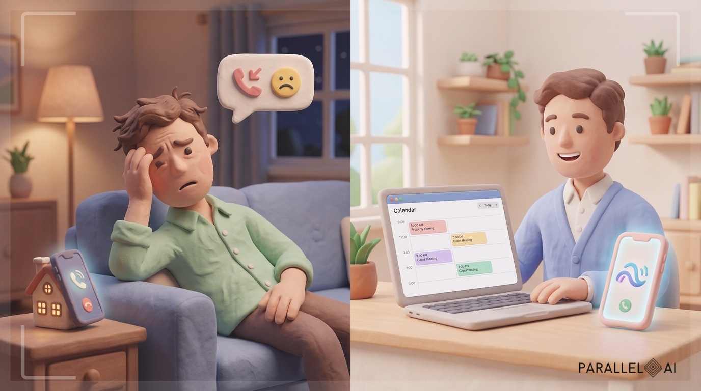 A split-screen claymation scene in a soft pastel palette. On the left, a stressed real estate agent sits on a couch at night, missing a glowing phone call from a miniature house-shaped phone. A speech bubble shows a 'missed call' notification with a sad face. On the right, the agent is smiling at their laptop, which displays a calendar automatically filling with appointments, while a friendly, glowing clay smartphone with a stylized AI wave icon sits on the desk, actively handling the call. professional aesthetic of a modern AI platform, in AirBNB claymation style, soft pastel color palette with warm tones, gentle and playful textures, diffused natural lighting, balanced composition with centered focus, matte finish with handcrafted feel, warm inviting mood blending technological innovation with cozy charm --ar 16:9 --style raw --v 6 (with template: New Frame)