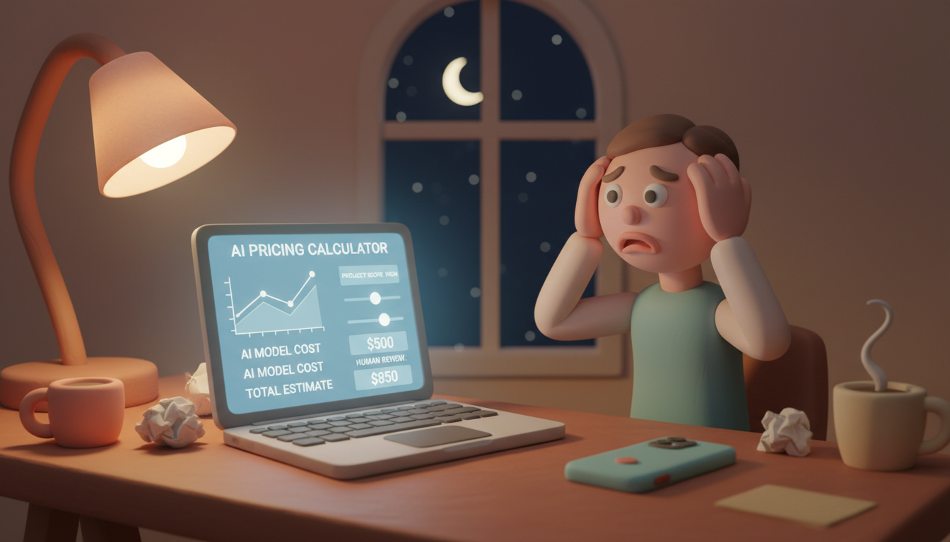A solo marketing consultant sitting at a desk late at night, illuminated by the soft glow of a laptop screen displaying an AI pricing calculator interface. The scene shows a moment of realization and concern, with scattered papers, a coffee cup, and a smartphone nearby. The background features a window showing a dark evening sky. The mood is contemplative yet stressful, capturing the challenge of pricing decisions. Soft desk lamp lighting creates warm shadows, with the blue glow from the screen contrasting against warm ambient lighting. Shot from a slightly elevated angle showing both the person and the calculator interface. In AirBNB claymation style, soft pastel color palette with warm tones, gentle and playful textures, diffused natural lighting, balanced composition with centered focus, matte finish with handcrafted feel, warm inviting mood blending technological innovation with cozy charm --ar 16:9 --style raw --v 6 professional aesthetic of a modern AI platform, in AirBNB claymation style, soft pastel color palette with warm tones, gentle and playful textures, diffused natural lighting, balanced composition with centered focus, matte finish with handcrafted feel, warm inviting mood blending technological innovation with cozy charm --ar 16:9 --style raw --v 6 (with template: New Frame)