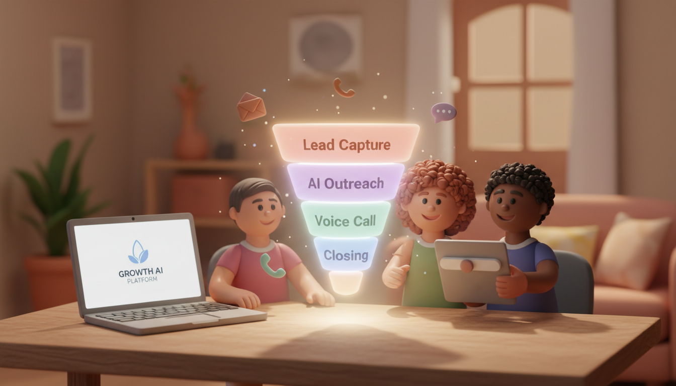 A square, engaging illustration for a white label AI sales platform feature. In a cozy, claymation world, three small agency team members (diverse, friendly clay figures) are gathered around a glowing, pastel-hued holographic projection of a complete sales funnel. The funnel has stages: 'Lead Capture', 'AI Outreach', 'Voice Call', 'Closing', all rendered in soft, matte 3D letters. Icons for email, phone, and chat float around. One team member adjusts a brand-color slider on a tablet, changing the funnel's accents to their agency's custom shade. Behind them, a laptop screen shows the same white label dashboard from the hero image, now with their logo on it. Lighting is warm and diffused, creating a gentle studio atmosphere. The textures are handcrafted, with visible clay fingerprint details, soft shadows, and a playful sense of professional achievement. The mood is uplifting, collaborative, and cozy, perfect for a social media share. professional aesthetic of a modern AI platform, in AirBNB claymation style, soft pastel color palette with warm tones, gentle and playful textures, diffused natural lighting, balanced composition with centered focus, matte finish with handcrafted feel, warm inviting mood blending technological innovation with cozy charm --ar 1:1 --style raw --v 6 professional aesthetic of a modern AI platform, in AirBNB claymation style, soft pastel color palette with warm tones, gentle and playful textures, diffused natural lighting, balanced composition with centered focus, matte finish with handcrafted feel, warm inviting mood blending technological innovation with cozy charm --ar 16:9 --style raw --v 6 (with template: New Frame)