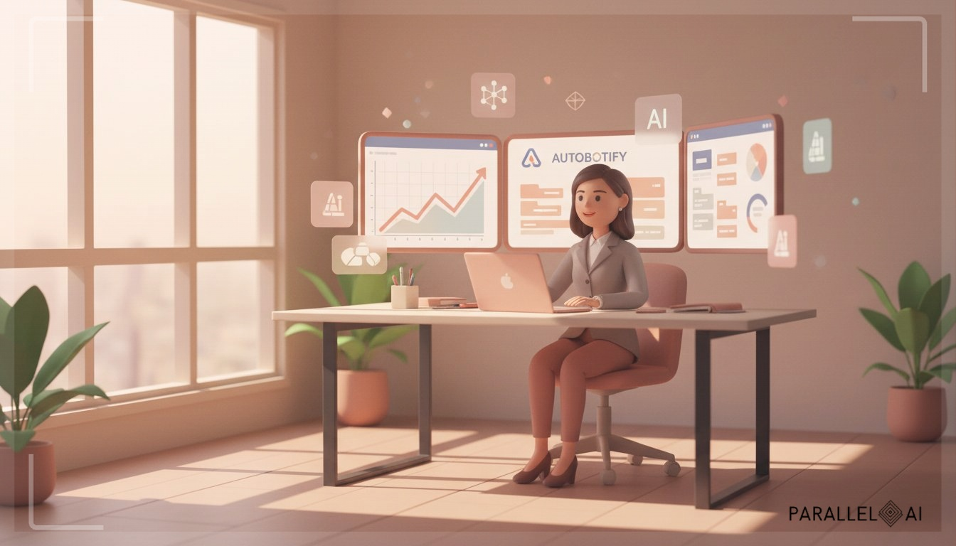 A confident solo entrepreneur working at a sleek modern desk with multiple digital screens displaying AI analytics dashboards and growth charts, one screen shows a white-label AI platform interface, warm afternoon sunlight streaming through large windows, minimalist office setup with plants, the entrepreneur is looking at upward-trending revenue graphs with a satisfied expression, floating holographic AI icons and neural network visualizations around the workspace, professional business attire, laptop open with code-free interface visible, clean organized workspace emphasizing simplicity and automation, depth of field with focus on the entrepreneur, inspirational and empowering mood showing achievable success, professional aesthetic of a modern AI platform, in AirBNB claymation style, soft pastel color palette with warm tones, gentle and playful textures, diffused natural lighting, balanced composition with centered focus, matte finish with handcrafted feel, warm inviting mood blending technological innovation with cozy charm --ar 16:9 --style raw --v 6 (with template: New Frame)
