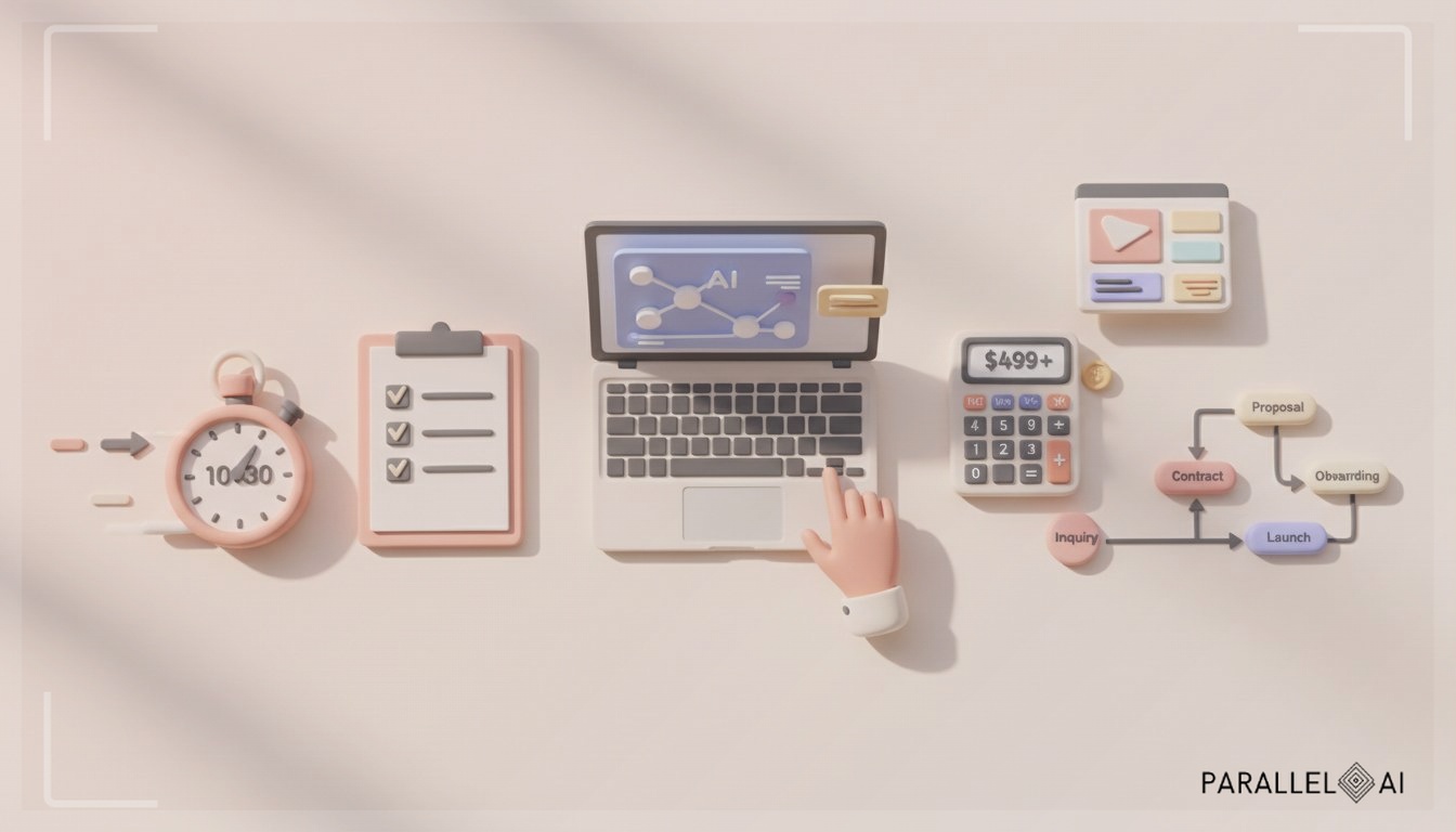 A clean, organized workspace from a bird's eye view showcasing five distinct digital tools or resources laid out like a toolkit - including a stopwatch showing reduced time, a checklist with items being rapidly checked off, a pricing calculator, a presentation template, and a client onboarding flowchart. The scene features a warm, inviting atmosphere with soft natural lighting streaming from the side, modern minimal desk setup with a laptop displaying an AI dashboard, hands of a solo entrepreneur interacting with one of the tools, warm pastel color palette with soft peachy and cream tones, gentle matte textures, slight shadows adding depth, professional yet approachable aesthetic, sense of efficiency and relief, claymation-style rendering with smooth surfaces and handcrafted feel, centered composition with balanced arrangement of tools, --ar 16:9 --style raw --v 6. professional aesthetic of a modern AI platform, in AirBNB claymation style, soft pastel color palette with warm tones, gentle and playful textures, diffused natural lighting, balanced composition with centered focus, matte finish with handcrafted feel, warm inviting mood blending technological innovation with cozy charm --ar 16:9 --style raw --v 6 (with template: New Frame)