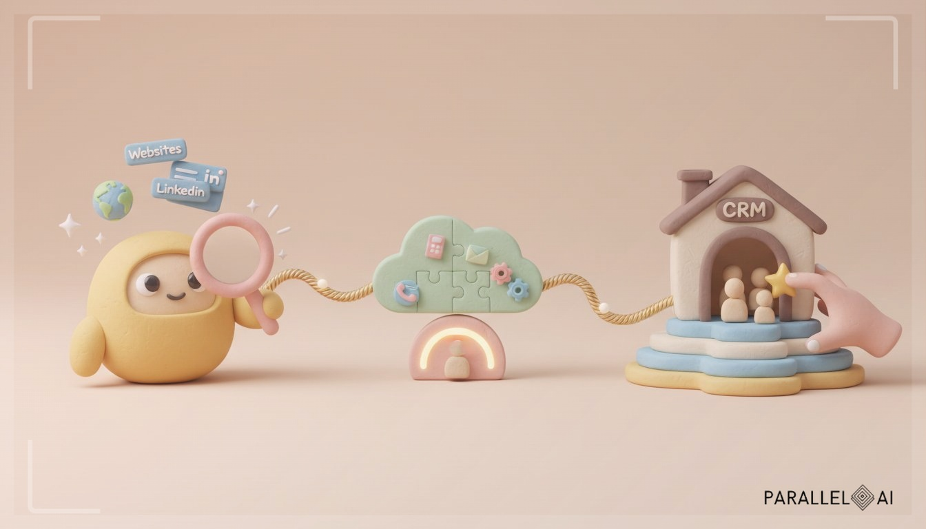 An educational claymation sequence illustrating the AI lead generation workflow in a cozy, storybook style. On the left, a tiny clay prospecting bot peers through a friendly magnifying glass at data sources (websites, LinkedIn cards), with playful sparkles. Next, a enrichment station, shaped like a soft puzzle table, where contact and firmographic icons click into place with a gentle glow. Then a scoring podium with a warm, glowing gauge that rises as a lead passes through, accompanied by a tiny hand placing a star. Finally, a human hand gently exports the scored leads into a miniature CRM house with a welcoming open door. The entire path is connected by a soft, woven string of light. Soft pastels—butter yellow, sky blue, blush pink—dominate, with diffused lighting and handcrafted textures, creating a warm, inviting feel that makes technology feel approachable. professional aesthetic of a modern AI platform, in AirBNB claymation style, soft pastel color palette with warm tones, gentle and playful textures, diffused natural lighting, balanced composition with centered focus, matte finish with handcrafted feel, warm inviting mood blending technological innovation with cozy charm --ar 16:9 --style raw --v 6 (with template: New Frame)