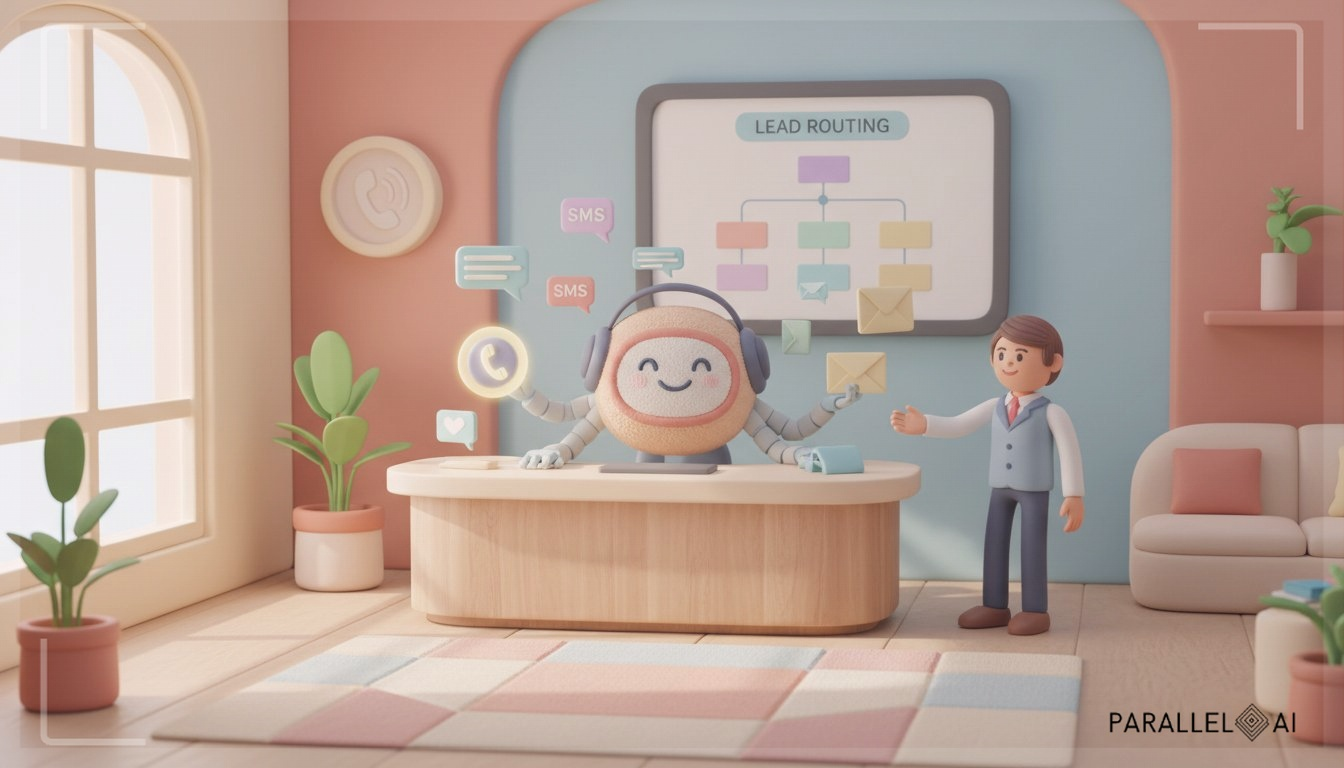 A warm, claymation style scene showing a cozy, modern business reception area with soft pastel colors and gentle playful textures. An AI assistant (depicted as a friendly, plush robot with a headset) sits at a rounded wooden desk, simultaneously handling a phone call with a glowing phone icon, a stream of SMS message bubbles, and floating email envelopes. A screen on the wall displays a lead routing flowchart. A human agent stands beside the desk, smiling, signaling a seamless handoff. Diffused natural lighting, balanced composition, centered focus, matte finish, handcrafted feel, warm inviting mood. professional aesthetic of a modern AI platform, in AirBNB claymation style, soft pastel color palette with warm tones, gentle and playful textures, diffused natural lighting, balanced composition with centered focus, matte finish with handcrafted feel, warm inviting mood blending technological innovation with cozy charm --ar 16:9 --style raw --v 6 (with template: New Frame)