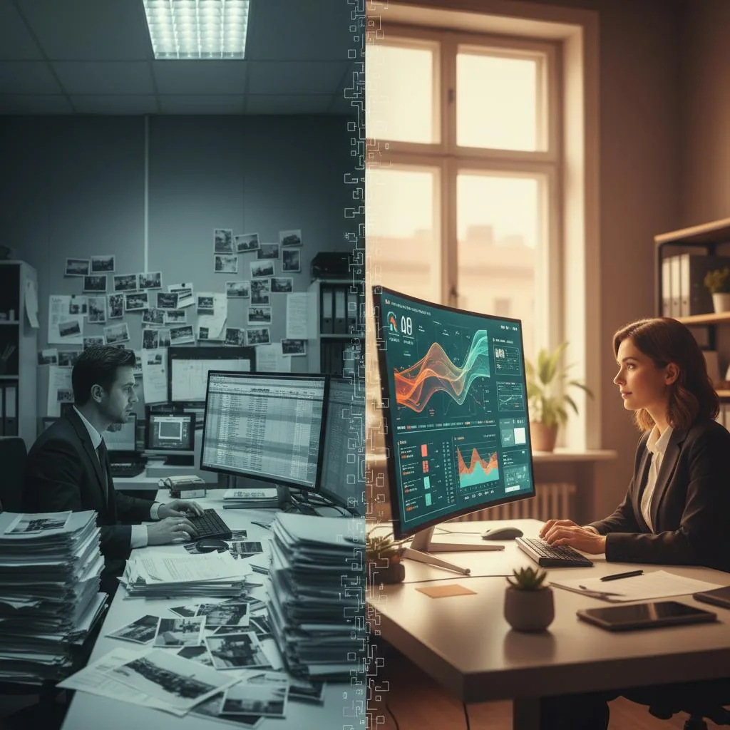 A sophisticated split-screen composition showing the transformation of real estate consulting. Left side: A overwhelmed consultant surrounded by stacks of paper reports, physical property photos, and multiple computer screens showing spreadsheets in a traditional office setting, photographed in muted, desaturated tones with harsh overhead lighting. Right side: The same consultant in a modern, minimalist workspace with a single sleek monitor displaying AI-powered dashboards with colorful data visualizations, property analytics, and market insights, bathed in warm, natural window light. The center dividing line features a subtle gradient transition from analog to digital. Modern professional photography style, shallow depth of field on the consultant, cinematic color grading with teal and orange tones. 4K quality, architectural photography aesthetic, shot with 35mm lens.